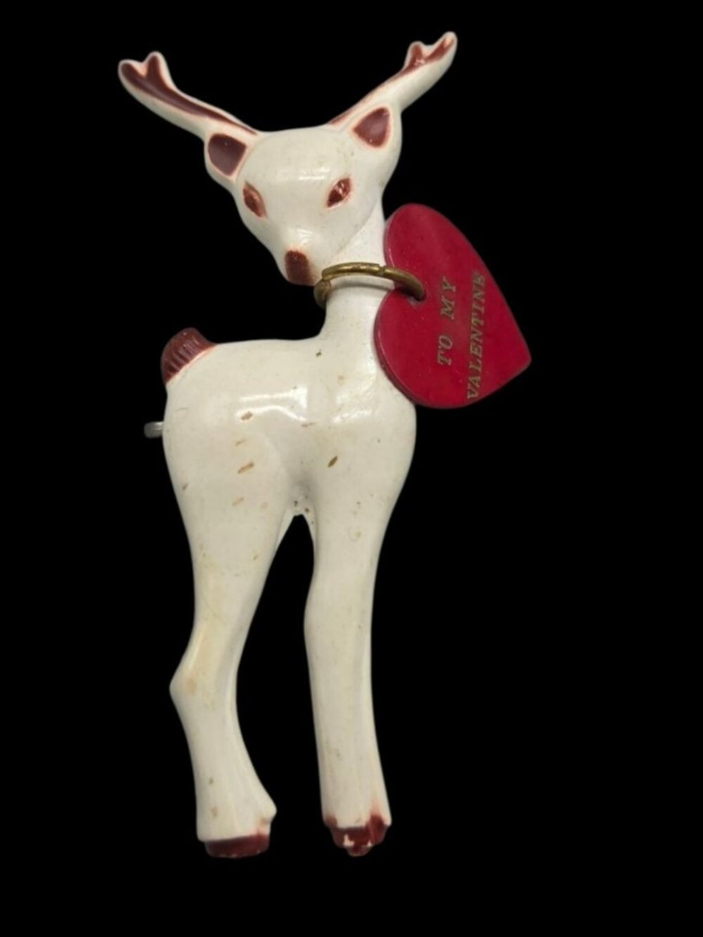 VTG 1950s Berkander Plastic Valentine Deer Brooch Pin Red Heart Kitsch Novelty - Picture 3 of 6